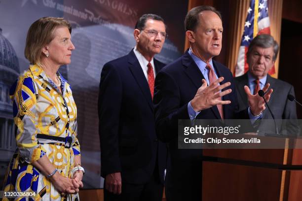Sen. Pat Toomey speaks during a news conference with Sen. Shelley Moore Capito , lead Republican negotiator with the Biden administration on...