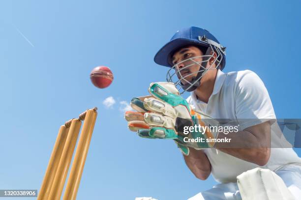 wicketkeeper vangt cricketbal - cricket ball stockfoto's en -beelden