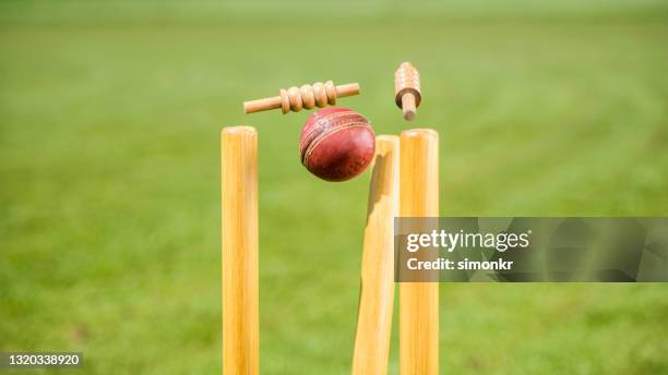 pelota de cricket golpeando los tocones - cricket sport fotografías e imágenes de stock