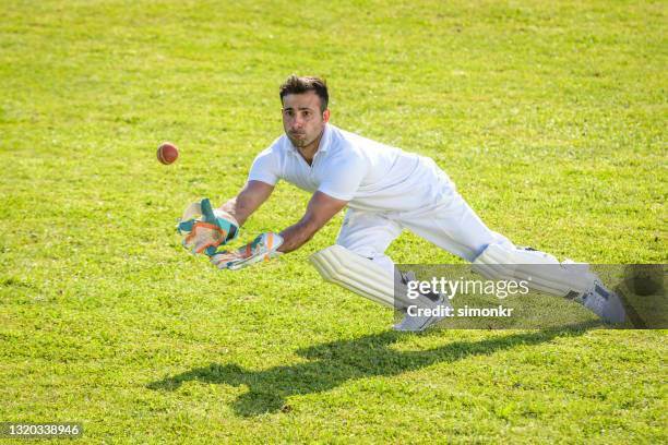 wicketkeeper atrapando la pelota - cricket fotografías e imágenes de stock