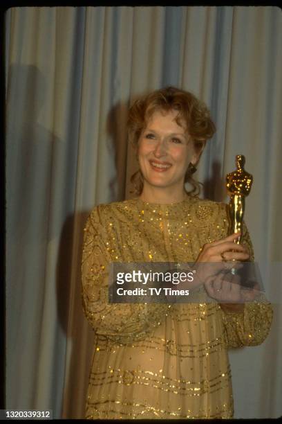 Actress Meryl Streep photographed at the 55th Academy Awards in Los Angeles holding the Best Actress award for her performance in Sophie's Choice, on...
