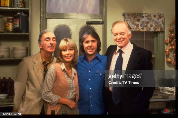 Actors David Kelly, Tessa Wyatt, Richard O'Sullivan and Tony Britton photographed on the set of sitcom Robin's Nest, circa 1979.