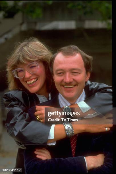 Television presenter and producer Janet Street-Porter with her arms around politician Ken Livingstone, possibly during filming of the Open Space...