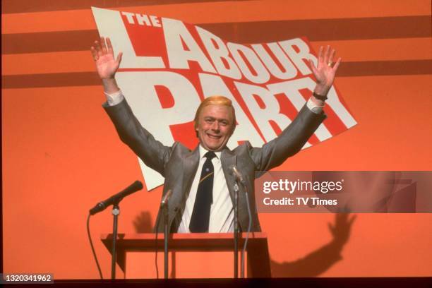 Comedian and impressionist Mike Yarwood in character as Labour Party eader Neil Kinnock, circa 1985.