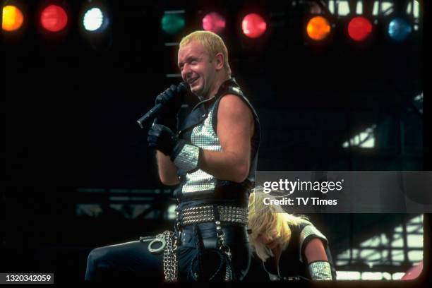 Vocalist Rob Halford of English heavy metal group Judas Priest performing live on stage during US Festival at Glen Helen Regional Park in California,...