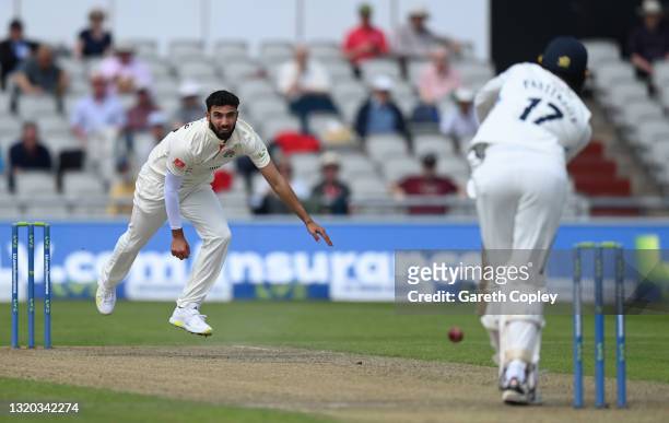 Saqib Mahmood of Lancashire bowls to Steven Patterson of Yorkshire during the LV= Insurance County Championship match between Lancashire and...