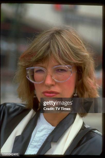 Television presenter and producer Janet Street-Porter, possibly during filming of the Open Space episode 'The Page 3 Debate', circa 1987.