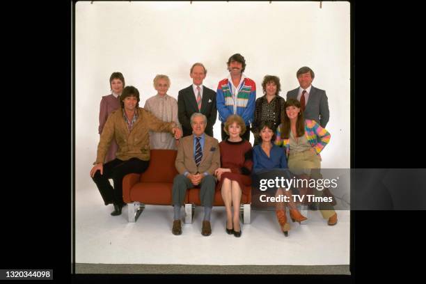 The cast of period drama Upstairs, Downstairs, including Jacqueline Tong, Simon Williams, Patsy Smart, Gordon Jackson, David Langton, Rachel Gurney,...