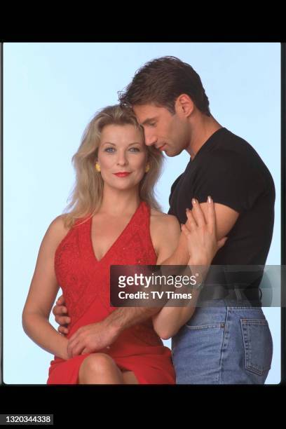 Actors Claire King and Paul Opacic in character as Kim Tate and Steve Marchant for television soap Emmerdale, circa 1997.