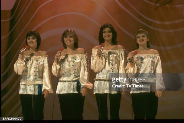 Pop group The Nolan Sisters performing on set, circa 1978.