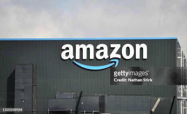General view outside an Amazon UK Services Ltd Warehouse at Leeds Distribution Park on May 27, 2021 in Leeds, England.