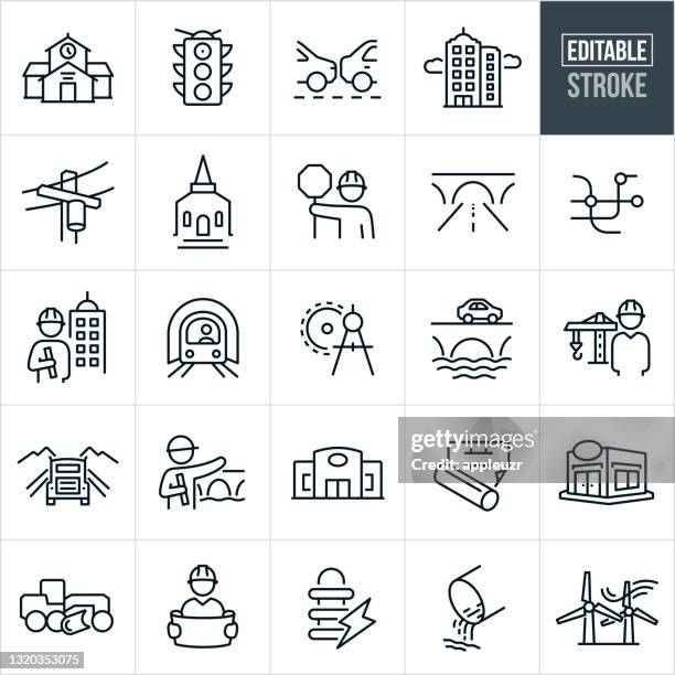 infrastructure thin line icons - editable stroke - electricity pylon stock illustrations