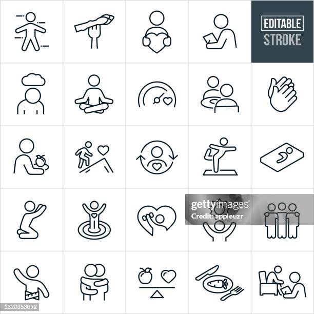 stockillustraties, clipart, cartoons en iconen met gezondheid en wellness thin line icons - bewerkbare lijn - exercise icon