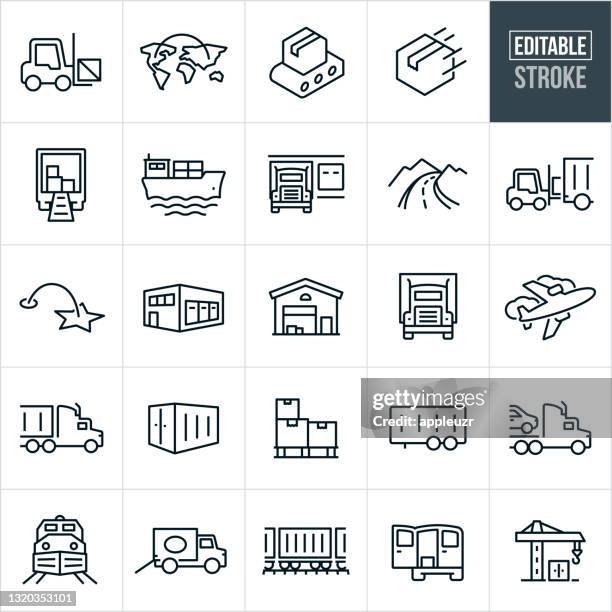 illustrazioni stock, clip art, cartoni animati e icone di tendenza di icone della linea sottile per il trasporto merci - corsa modificabile - container