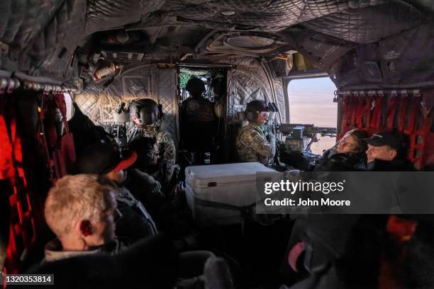 Army CH-47 Chinook helicopter crew flies coalition soldiers on May 26, 2021 over northeastern Syria. U.S. Forces, part of Task Force WARCLUB operate...