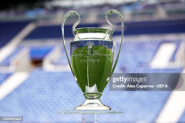 The UEFA Champions League trophy is seen in the stadium ahead of the UEFA Champions League Final between Manchester City and Chelsea FC at Estadio do...