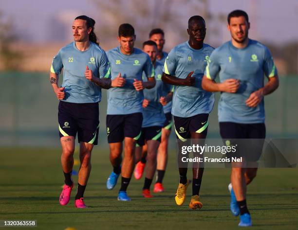 The Socceroos warm up during an Australian Socceroos training session on May 27, 2021 in Dubai, United Arab Emirates.