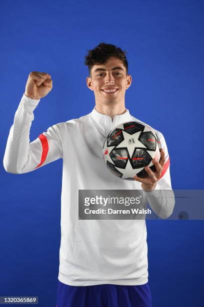 Kai Havertz of Chelsea poses for a portrait during a Champions League final media access day ahead of the 2021 at Chelsea Training Ground on May 21,...
