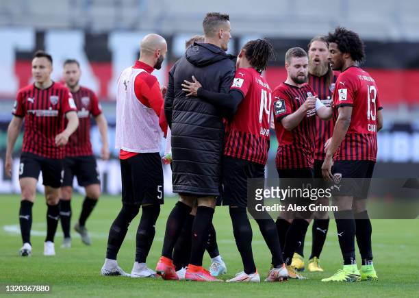 Marc Stendera of FC Ingolstadt celebrate with his team mates victory over VfL Osnabrück after the 2. Bundesliga playoff first leg match between FC...