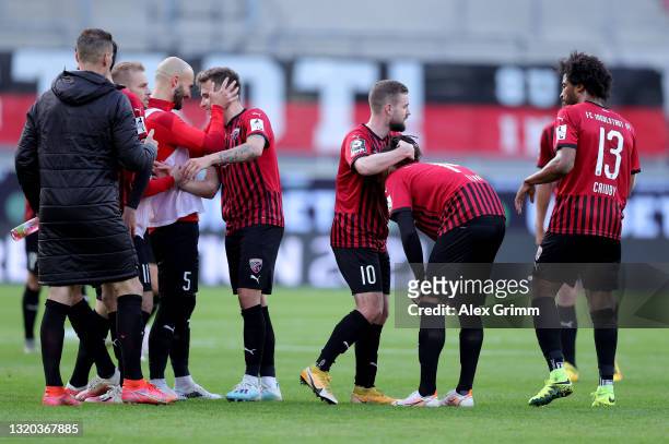 Marc Stendera of FC Ingolstadt celebrate with his team mates victory over VfL Osnabrück after the 2. Bundesliga playoff first leg match between FC...