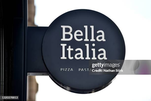 The Bella Italia logo is displayed outside one of its stores on May 27, 2021 in Leeds, England.