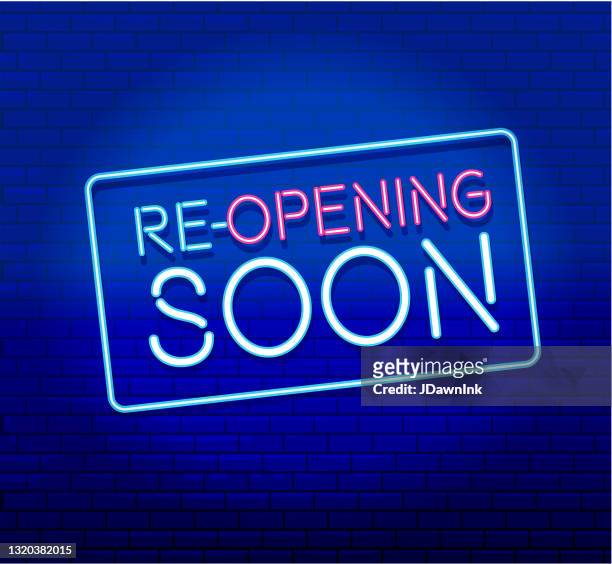 re-opening soon sign design for businesses on red sign on white background - neon open sign stock illustrations