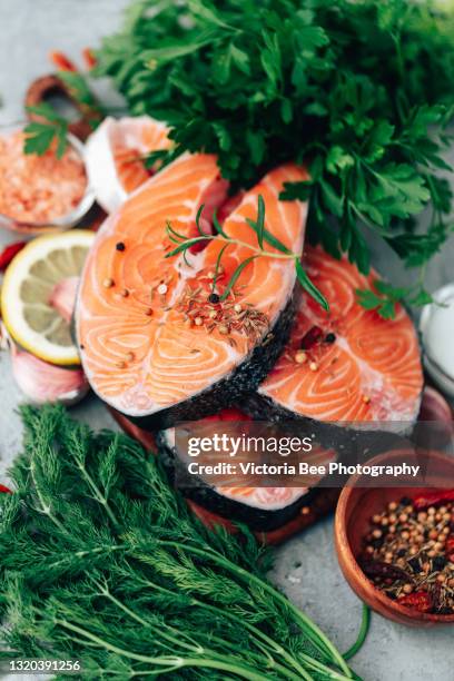 salmon. raw trout red fish steak with ingredients for cooking. cooking salmon, sea food. healthy eating concept - filete de salmón fotografías e imágenes de stock