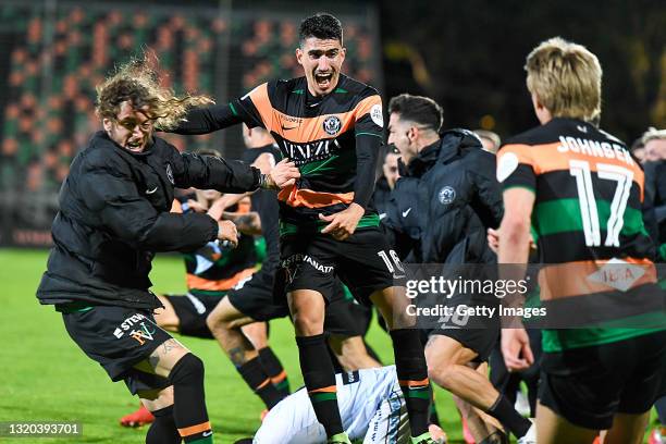 Luca Fiordilino of Venezia FC celebrates being promoted to Serie A after the Serie B Playoffs Final match between Venezia FC and AS Cittadella at...