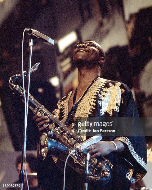 1st JANUARY: Cameroonian saxophonist Manu Dibango performs live on stage in Cannes, France in January 1974.