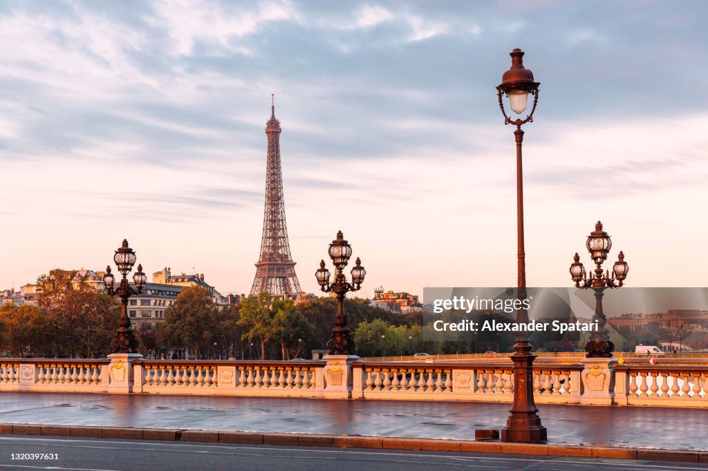 Pont Alexandre III bridge and Eiffel Tower at sunrise, Paris, France