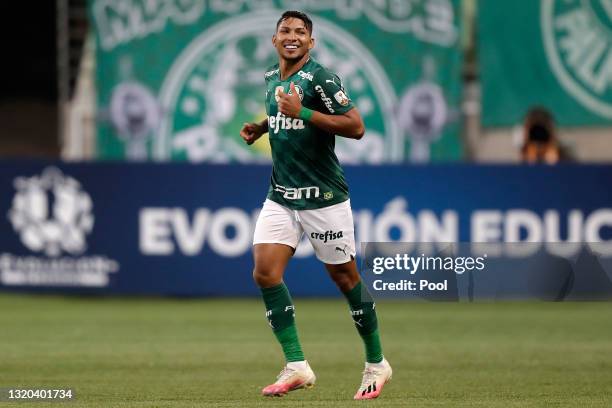 Rony of Palmeiras celebrates after scoring the fifth goal of his team during a group A match of Copa CONMEBOL Libertadores 2021 between Palmeiras and...