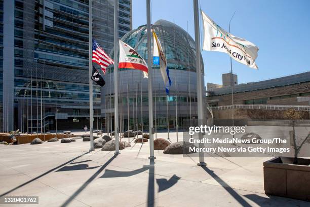 May 27: Flags fly at half mast, Thursday, May 27 in front of City Hall in San Jose, Calif., in memory of the victims of yesterday's mass shooting at...