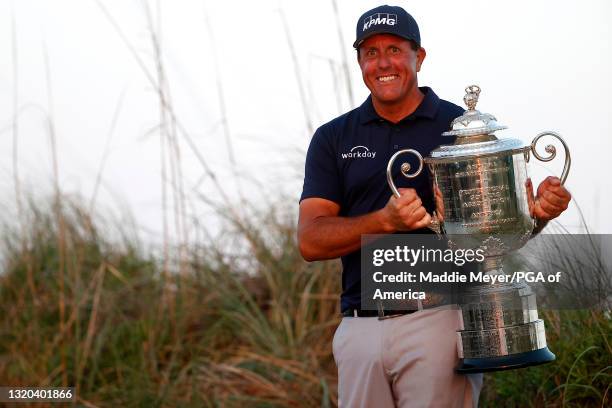 Phil Mickelson of the United States celebrates with the Wanamaker Trophy after winning during the final round of the 2021 PGA Championship held at...