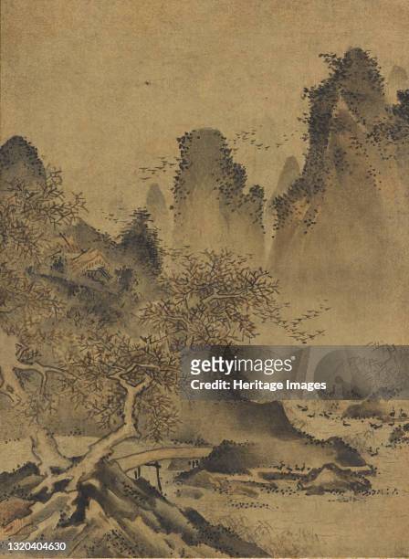 Mountains, stream and bridge, late 15th-early 16th century. Artist Kenko Shokei.