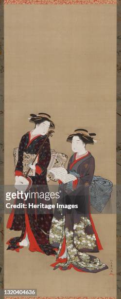 Two girls standing, one holding an open book, 1615-1868. Artist Kitao Shigemasa.