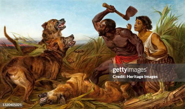 The Hunted Slaves, 1862. This depicts a fugitive enslaved man and woman beset by three mastiff dogs in a marshy landscape. On the right side of the...