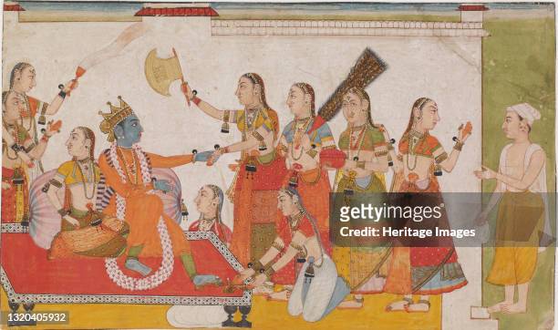 Krishna welcoming Sudama, from a Bhagavata Purna, circa 1700. Artist Unknown.