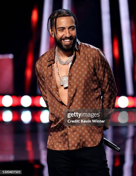 French Montana speaks onstage at the 2021 iHeartRadio Music Awards at The Dolby Theatre in Los Angeles, California, which was broadcast live on FOX...