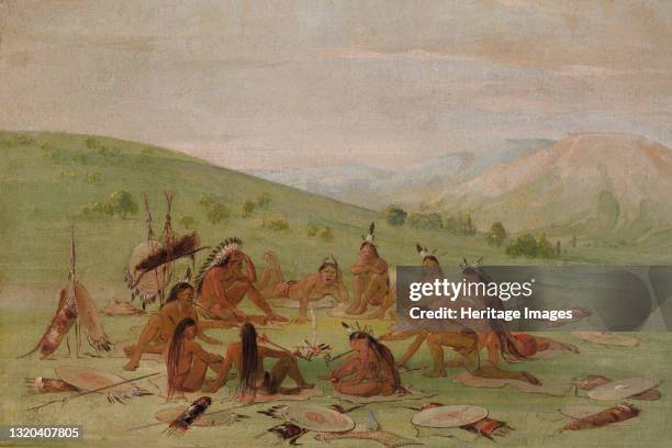 Foot War Party in Council, Mandan, 1835-1837. Artist George Catlin.