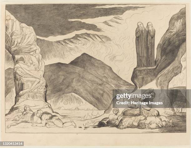 The Circle of the Falsifiers: Dante and Virgil Covering their Noses because of the stench, 1827. Artist William Blake.