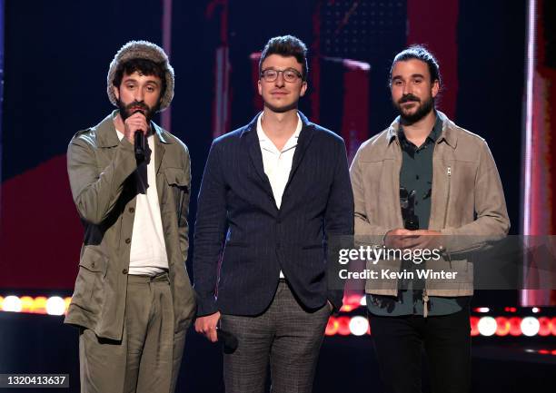 Jack Met, Ryan Met, and Adam Met of music group AJR speak onstage at the 2021 iHeartRadio Music Awards at The Dolby Theatre in Los Angeles,...