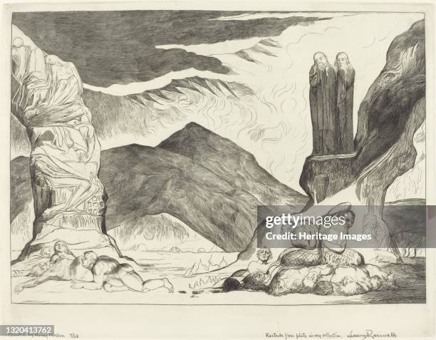 The Circle of the Falsifiers; Dante and Virgil Covering their Noses because of the stench, 1827. Artist William Blake.