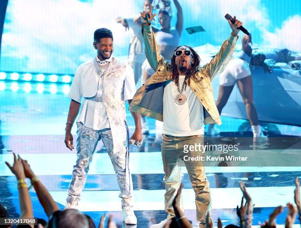 In this image released on May 27, Usher and Lil Jon perform onstage at the 2021 iHeartRadio Music Awards at The Dolby Theatre in Los Angeles,...