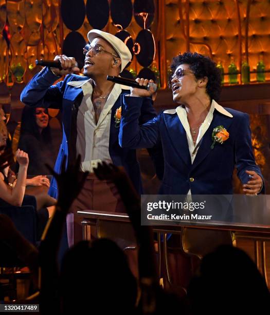 In this image released on May 27, Anderson .Paak and Bruno Mars of Silk Sonic perform onstage at the 2021 iHeartRadio Music Awards at The Dolby...