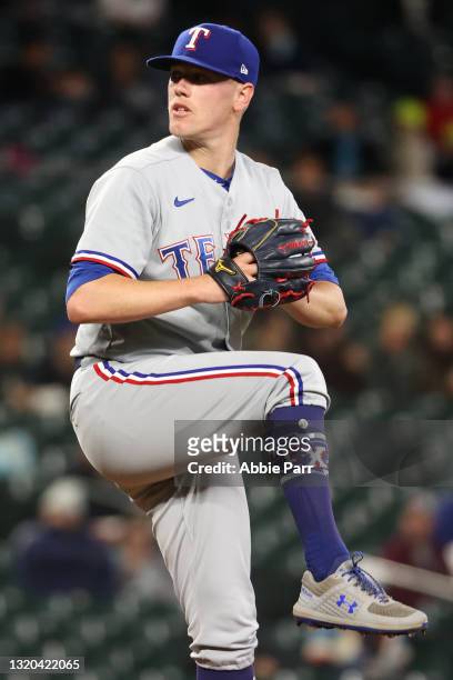 Kolby Allard of the Texas Rangers pitches during the second inning against the Seattle Mariners at T-Mobile Park on May 27, 2021 in Seattle,...