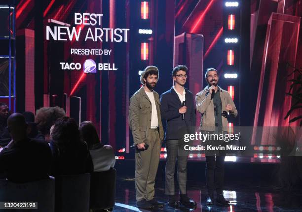 Jack Met, Ryan Met, and Adam Met of music group AJR speak onstage at the 2021 iHeartRadio Music Awards at The Dolby Theatre in Los Angeles,...