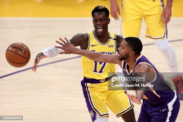 Mikal Bridges of the Phoenix Suns pressures Dennis Schroder of the Los Angeles Lakers during the first half of Game Three of the Western Conference...