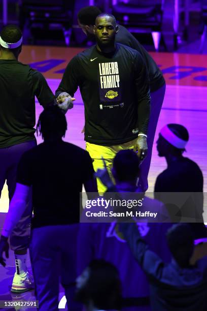 LeBron James of the Los Angeles Lakers is announced in pre-game introductions prior to Game Three of the Western Conference first-round playoff...