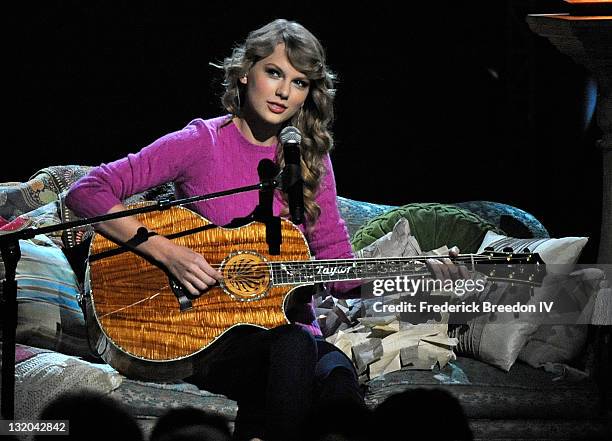 Taylor Swift performs at the 45th annual CMA Awards at the Bridgestone Arena on November 9, 2011 in Nashville, Tennessee.