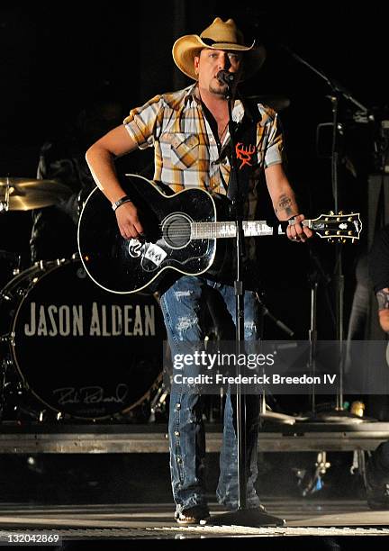 Jason Aldean performs at the 45th annual CMA Awards at the Bridgestone Arena on November 9, 2011 in Nashville, Tennessee.